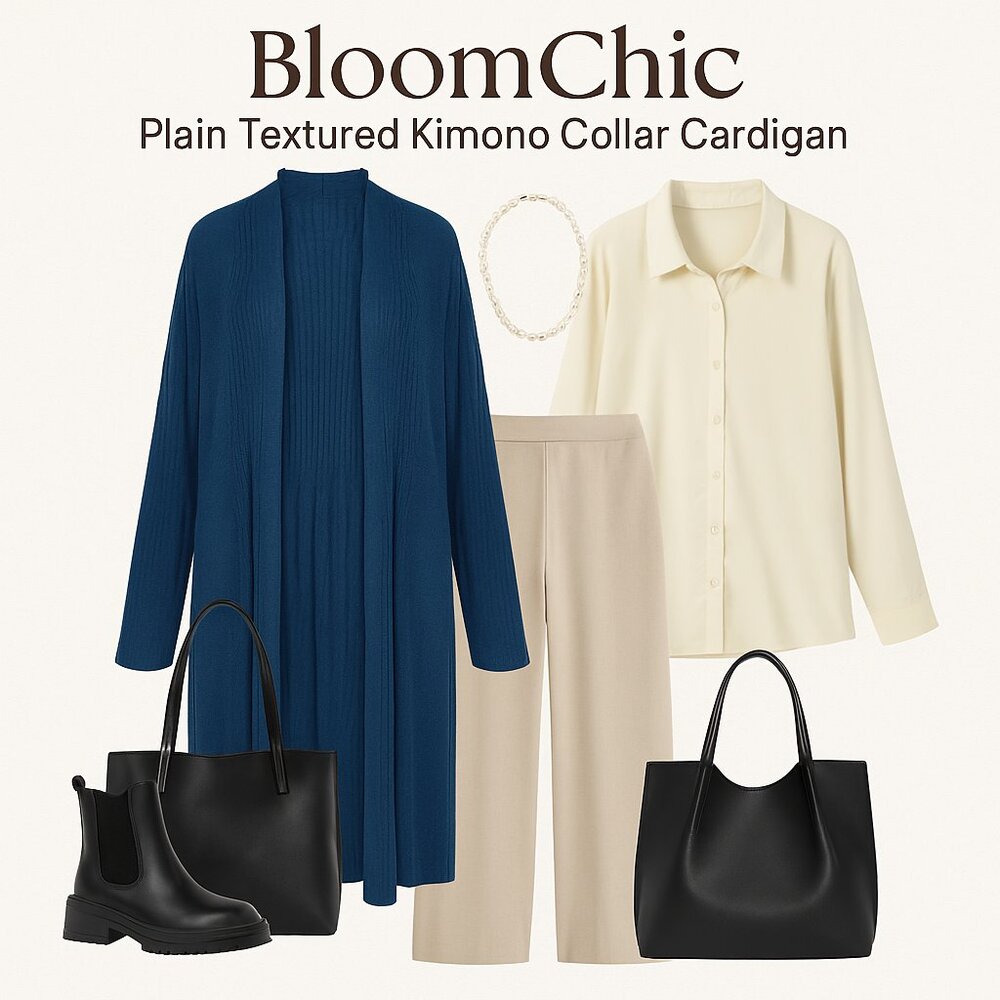BloomChic 5X Indigo Kimono Collar Cardigan – Fall Layering Essential